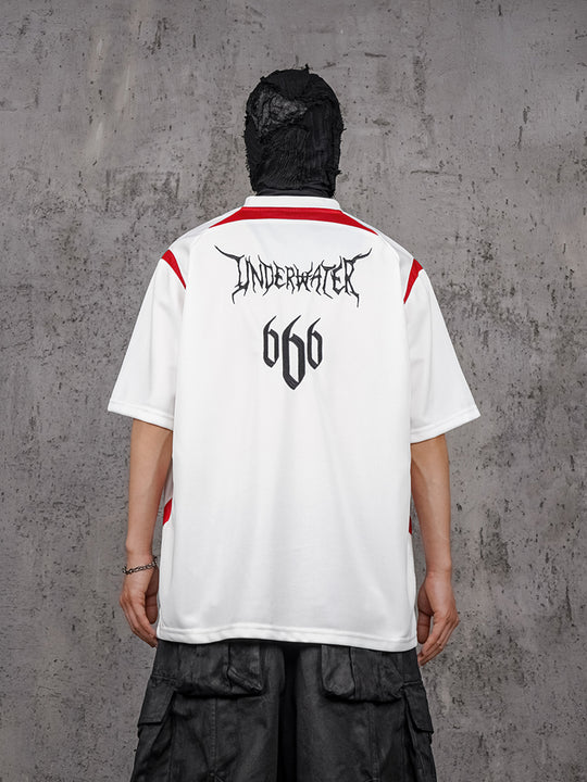 UNDERWATER White and Red Deconstructed Patchwork Embroidered Jersey Tee | Face 3 Face