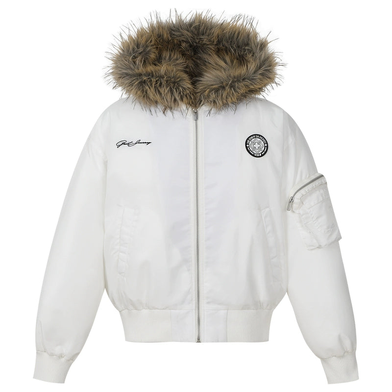 MEDM Silicone Logo Patch Fur Hooded Bomber Jacket | Face 3 Face