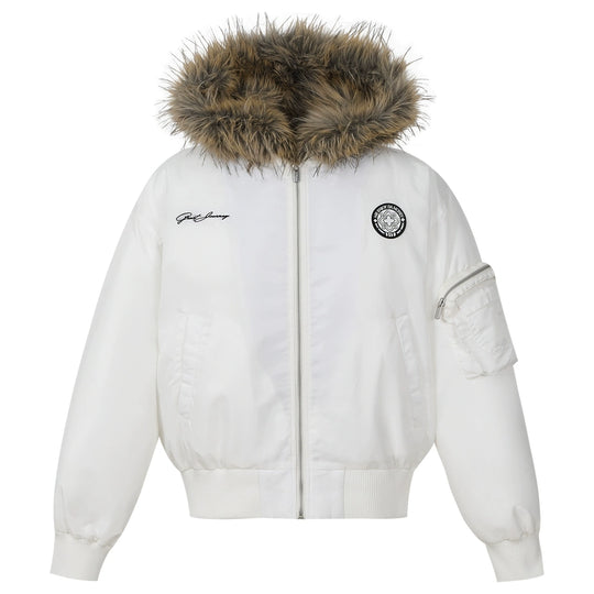 MEDM Silicone Logo Patch Fur Hooded Bomber Jacket | Face 3 Face