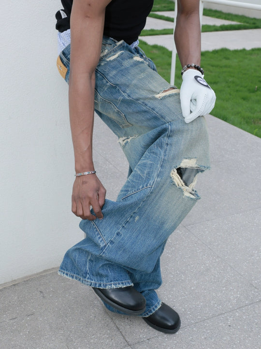 STEEPC Distressed Cat Whisker Washed Baggy Jeans | Face 3 Face