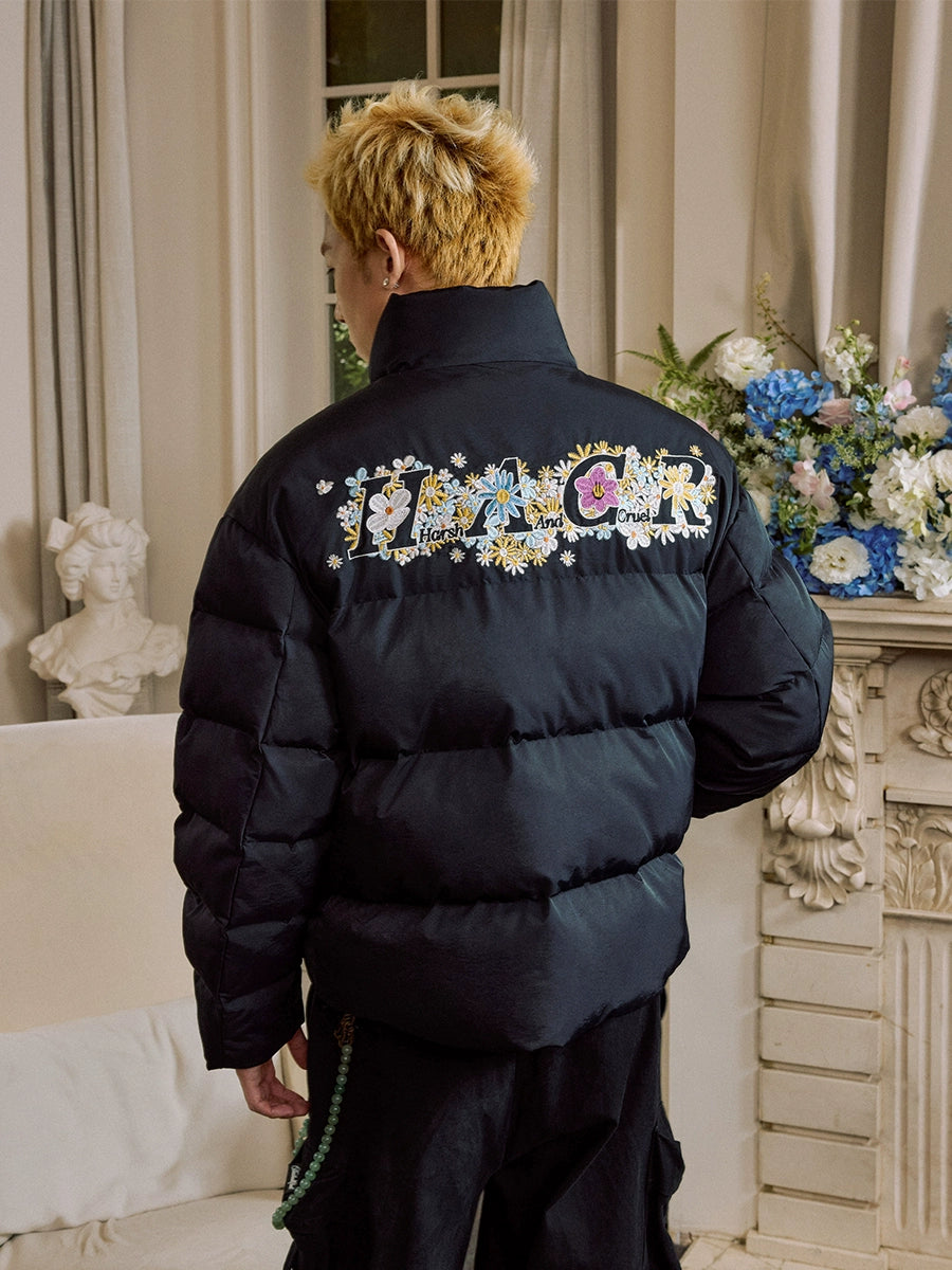 Harsh and Cruel Flowers Embroidery Puffer Jacket | Face 3 Face