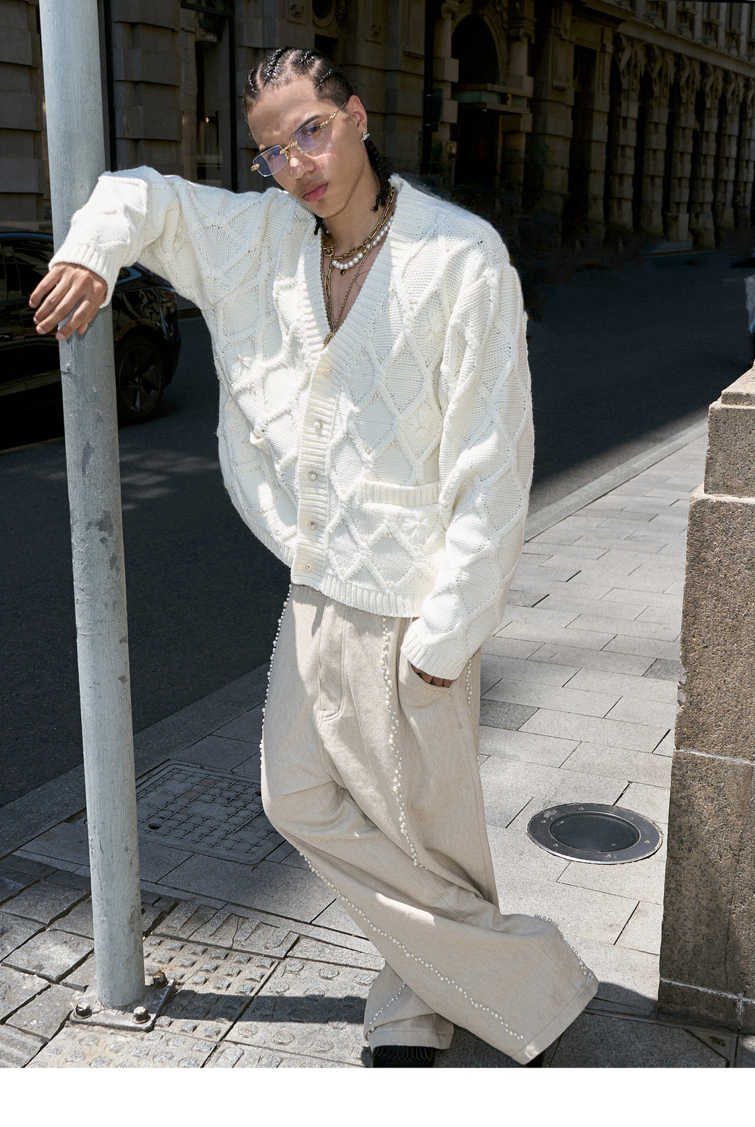 STEEPC Wool Blend Diamond Cable Knit Pearl Cardigan | Face 3 Face