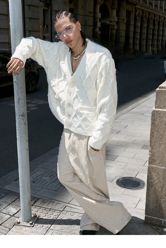 STEEPC Wool Blend Diamond Cable Knit Pearl Cardigan | Face 3 Face