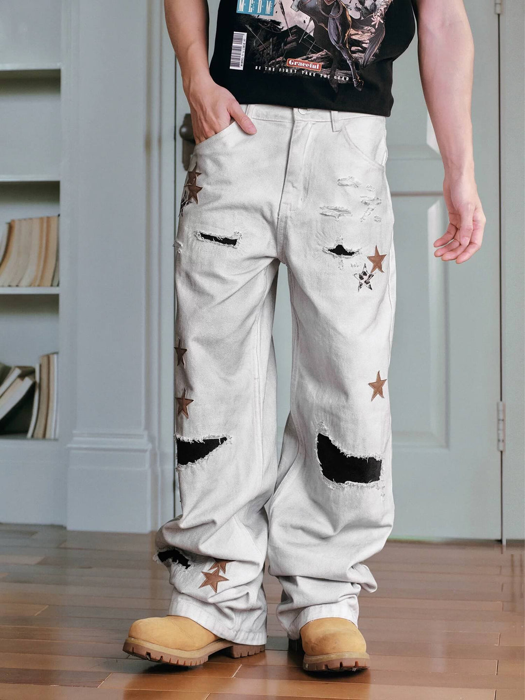 MEDM Multi Star Patch Washed Distressed Jeans | Face 3 Face