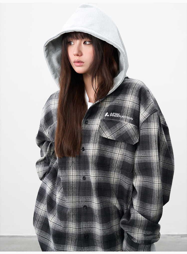 AFGK Plaid Embroidered Hooded Long Sleeve Shirt | Face 3 Face
