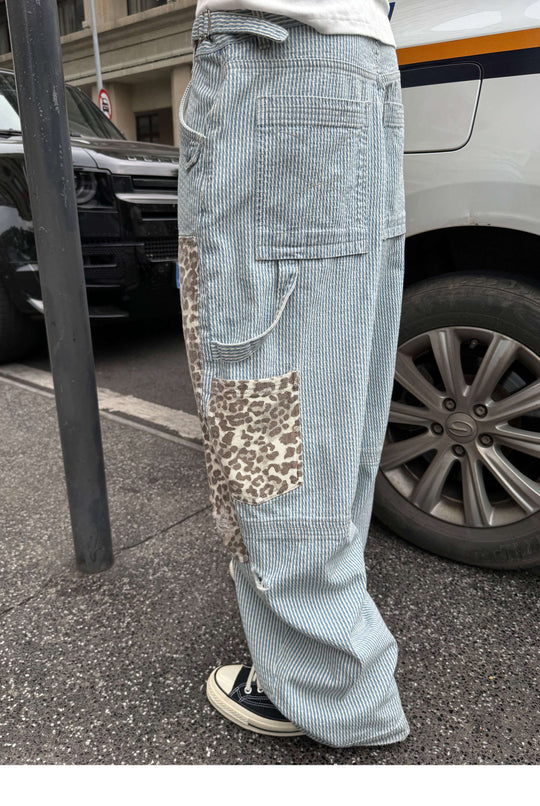 STEEPC Leopard Print Double Knee Hickory Stripe Baggy Pants | Face 3 Face