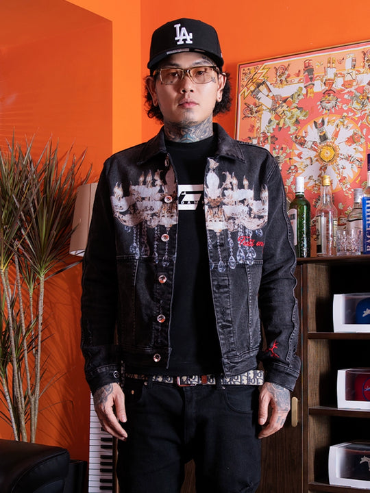 TGFCLUB Chandelier Digital Print Washed Slim Denim Jacket | Face 3 Face