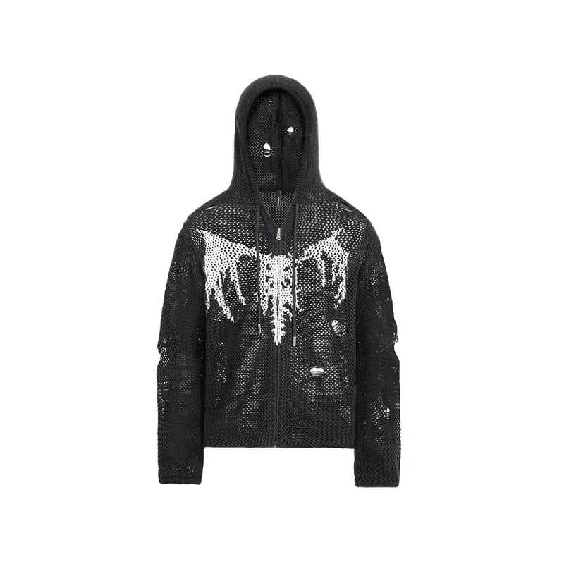 UNDERWATER Winged Devil Bone Jacquard Distressed Knit Zip Up Hoodie | Face 3 Face