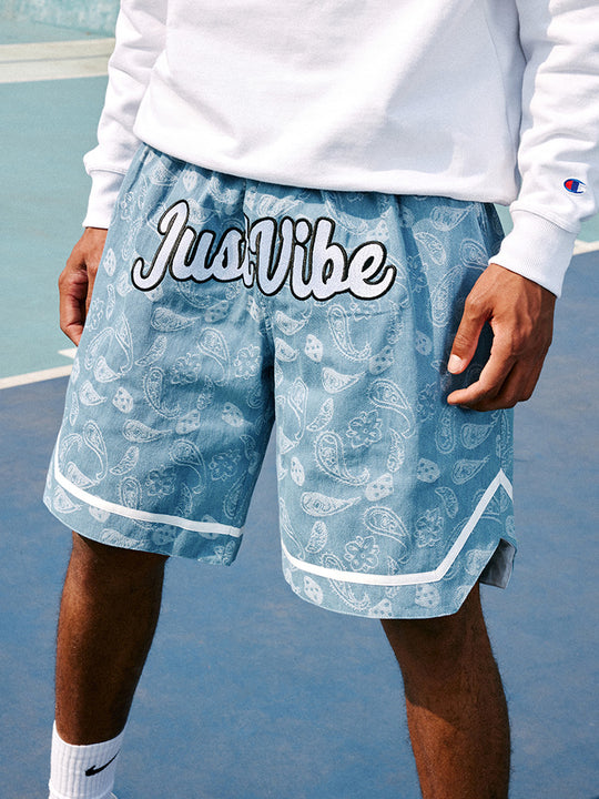 JUST VIBE Paisley Dice Denim Basketball Shorts | Face 3 Face
