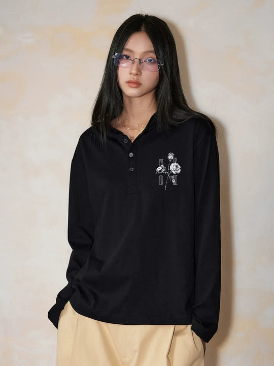 MEDM Rose Print Henley Long Sleeve Tee | Face 3 Face