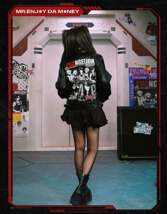 MEDM x EVA NEVER END Flame Character Portraits PU Leather Biker Jacket | Face 3 Face