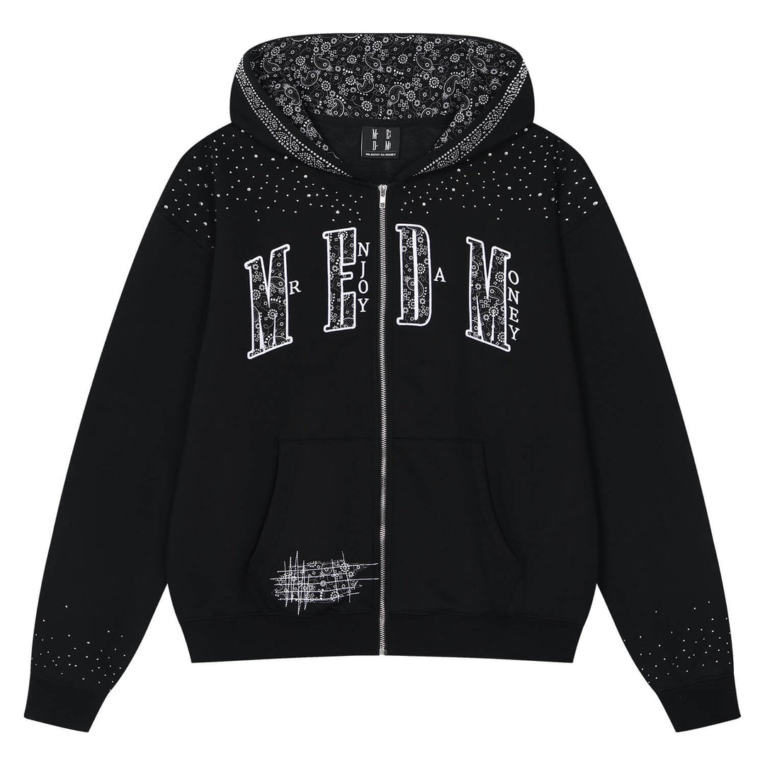 MEDM Paisley Hood Lining Rhinestone Embellished Zip Up Hoodie | Face 3 Face