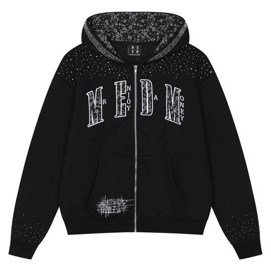 MEDM Paisley Hood Lining Rhinestone Embellished Zip Up Hoodie | Face 3 Face