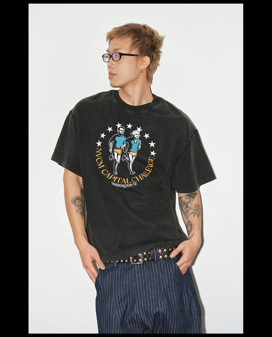 NOVACAM Running Graphic Print Washed Short Sleeve Tee | Face 3 Face