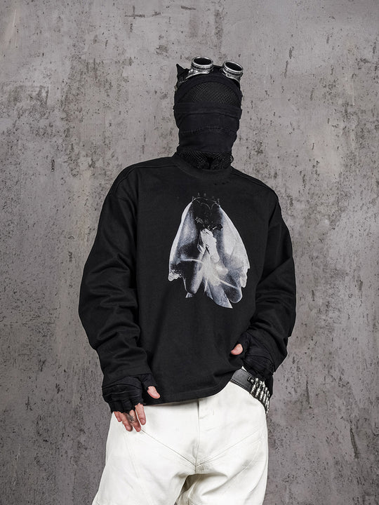 UNDERWATER Black Aged Wash Destroyed Portrait Print Long Sleeve Tee | Face 3 Face