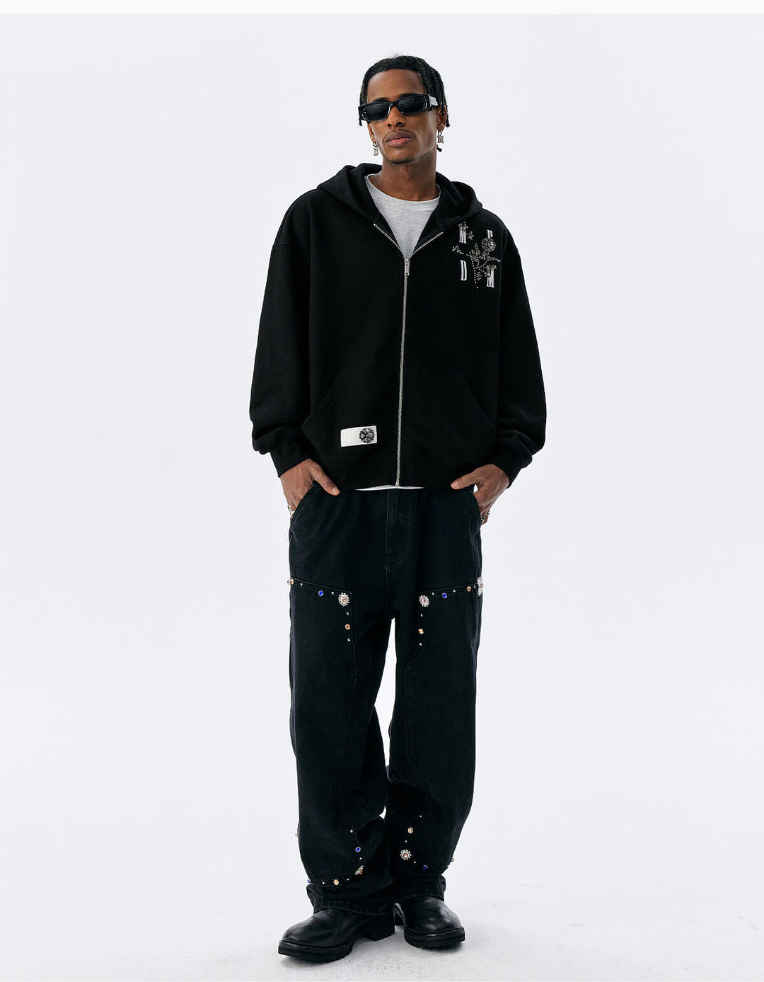 MEDM Beaded Flower Embellished Zip Up Hoodie | Face 3 Face