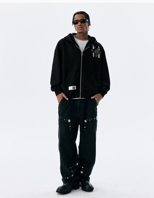 MEDM Beaded Flower Embellished Zip Up Hoodie | Face 3 Face