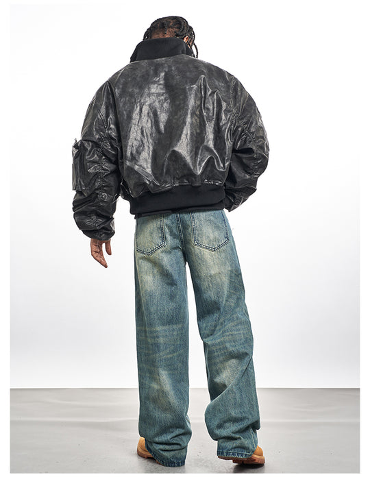 F3F Select Big Arm Pockets PU Leather MA-1 Bomber Jacket | Face 3 Face