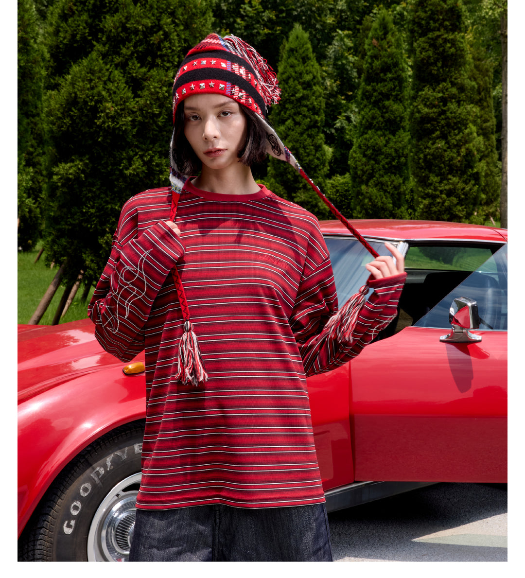 S45 Rhinestone Flame Stripe Long Sleeve Tee | Face 3 Face