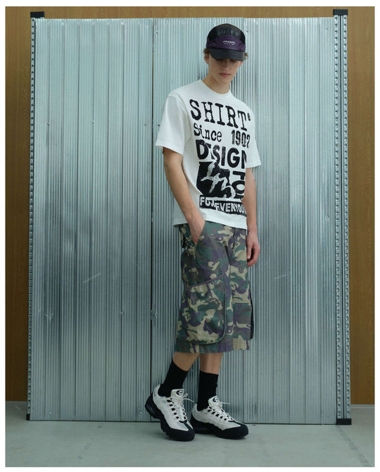 S45 Camouflage Distressed Large Cargo Pocket Baggy Shorts | Face 3 Face