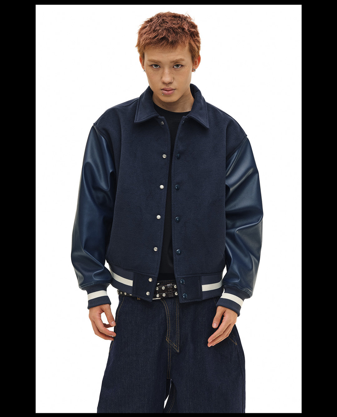 NOVACAM Navy Blue Short Basic Varsity Jacket | Face 3 Face