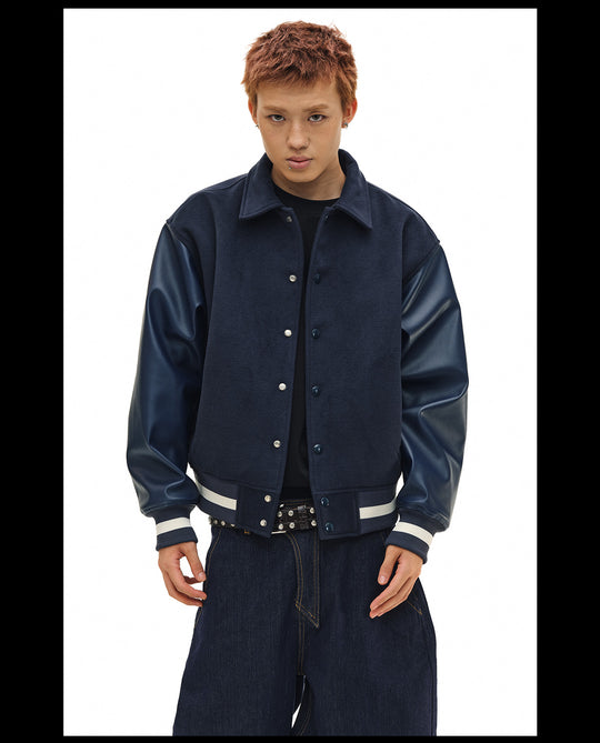 NOVACAM Navy Blue Short Basic Varsity Jacket | Face 3 Face