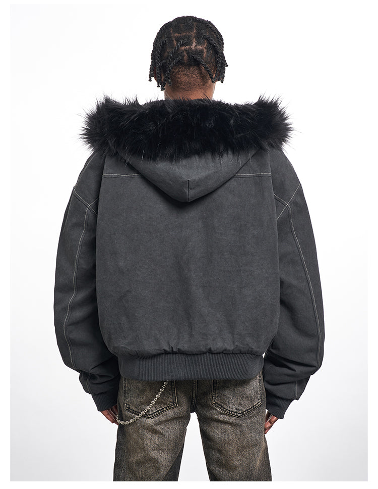 F3F Select Washed Deconstruction Fur Hooded Bomber Jacket | Face 3 Face