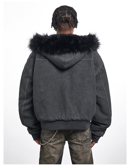 F3F Select Washed Deconstruction Fur Hooded Bomber Jacket | Face 3 Face