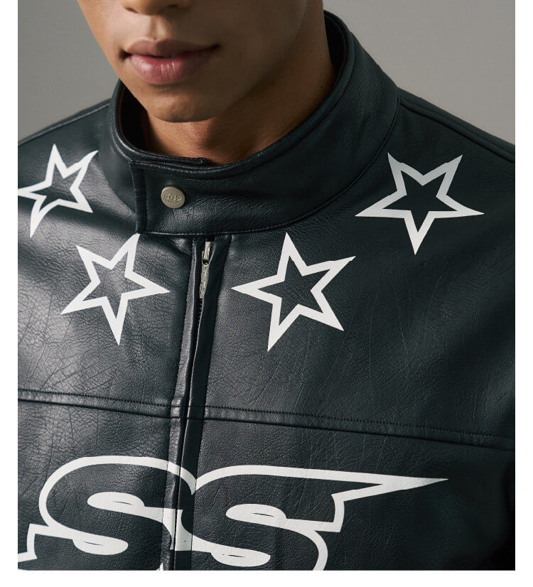 S45 Star Print PU Leather Leopard Lined Biker Jacket | Face 3 Face