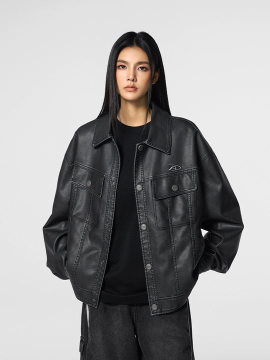 Achock Washed Leather Denim Jacket | Face 3 Face