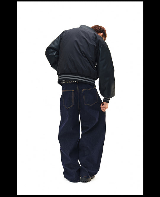 NOVACAM PU Leather Sleeve Puffer Varsity Jacket | Face 3 Face