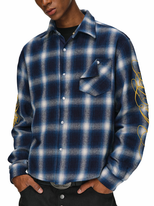ANTIDOTE Embroidered Flannel Plaid Long Sleeve Shirt | Face 3 Face