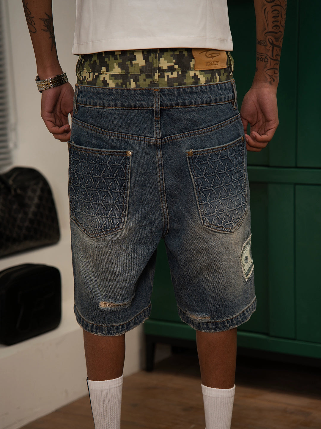 TGFCLUB Camouflage Double Waistband Dollar Patch Denim Shorts | Face 3 Face
