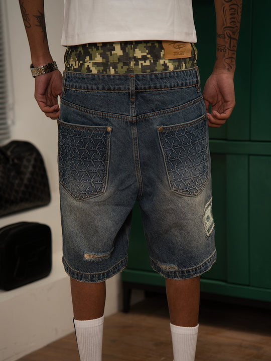 TGFCLUB Camouflage Double Waistband Dollar Patch Denim Shorts | Face 3 Face