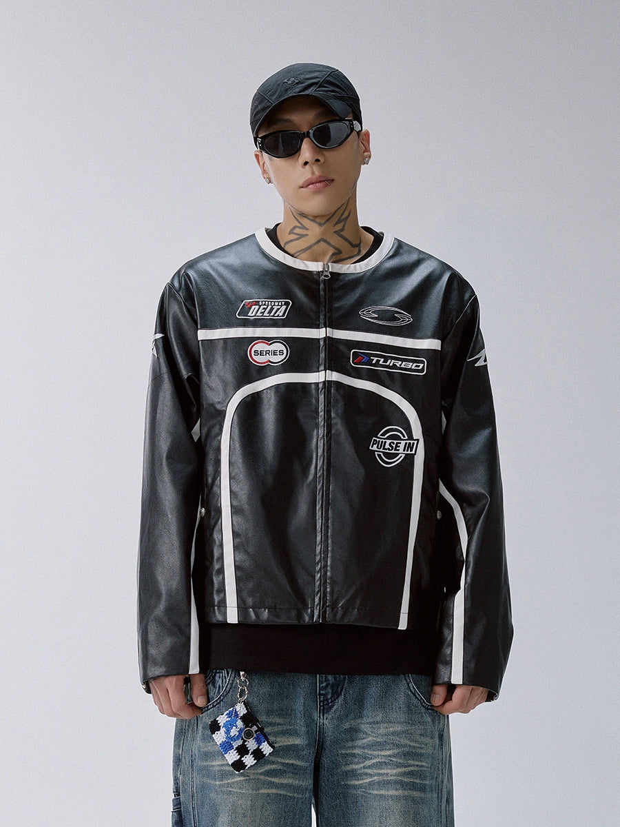 F2CE Striped Panel PU Leather Racing Jacket | Face 3 Face