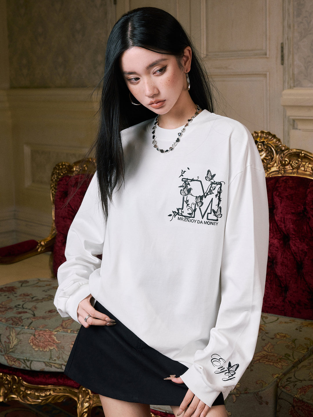 MEDM Big M Butterfly Vine Embroidered Long Sleeve Tee | Face 3 Face
