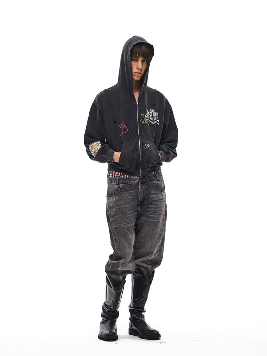 EXITMODE BY BLIND NO PLAN Washed Distressed Embroidered Patch Zip Up Hoodie | Face 3 Face