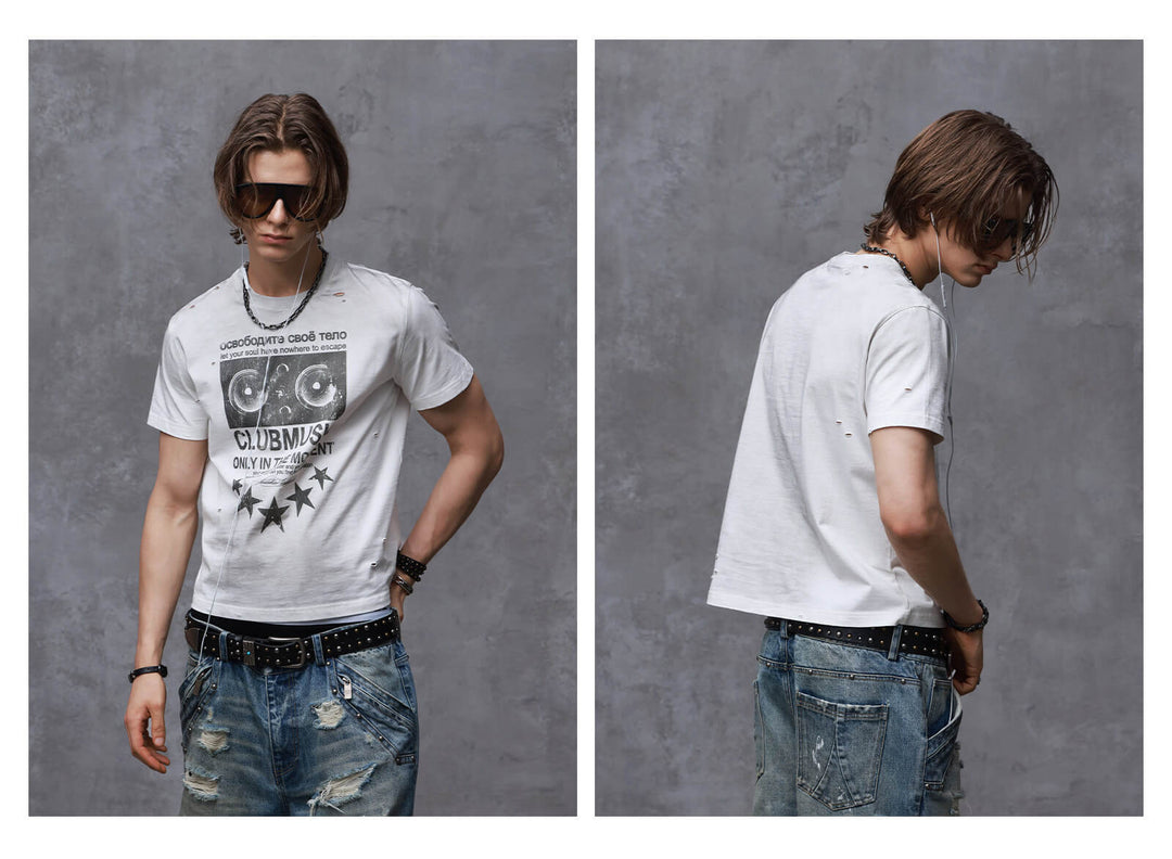 ANTIDOTE Audio Amplifier Graphic Print Distressed Short Sleeve Tee