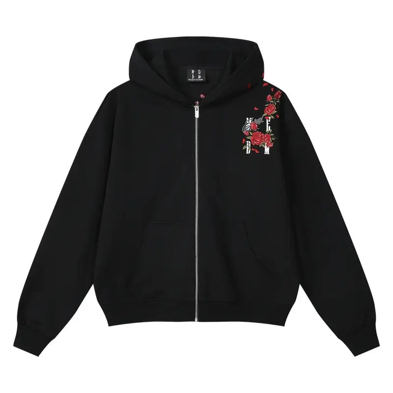 MEDM Rose Embroidered Zip Up Hoodie | Face 3 Face