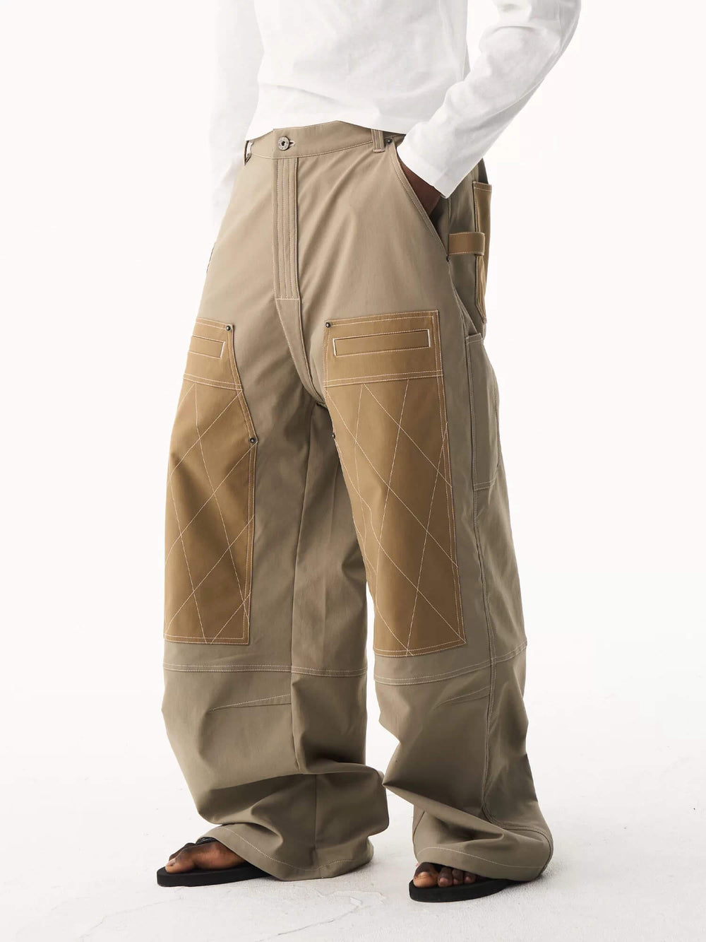 EXITMODE BY BLIND NO PLAN Contrast Quilted Stitch Double Knee Baggy Pants | Face 3 Face