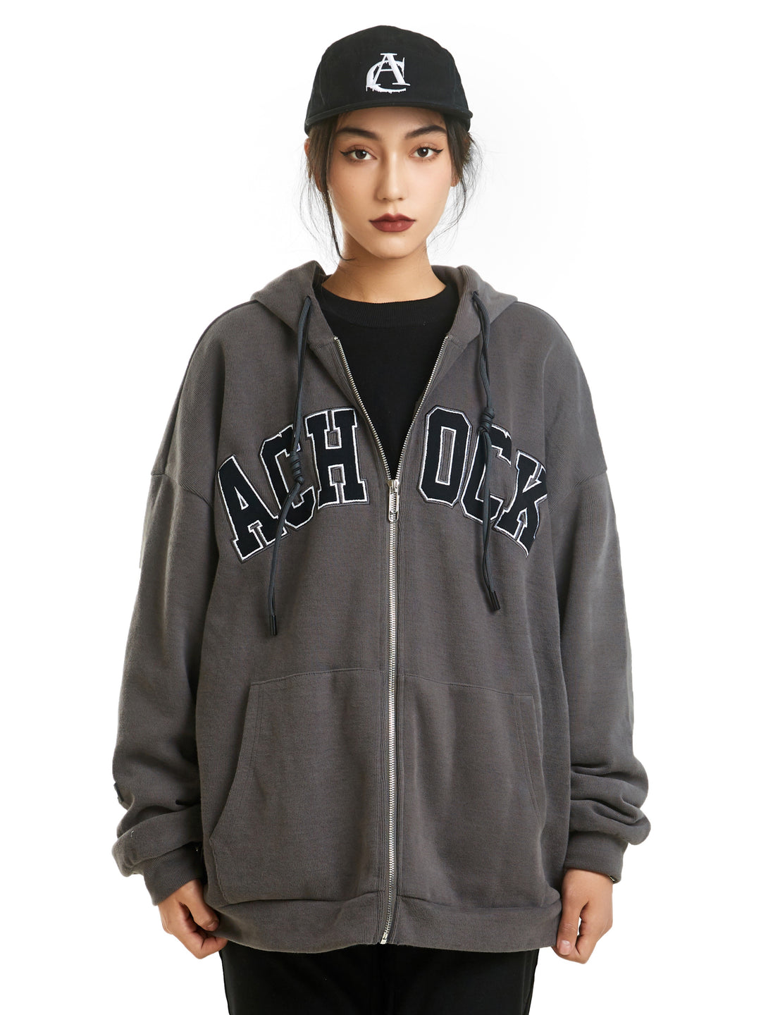 Achock Zipper Drawstring Letter Embroidered Hoodie