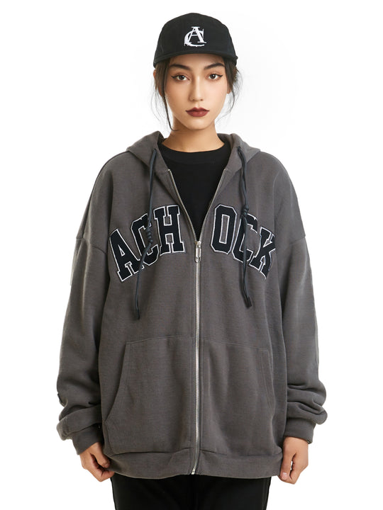 Achock Zipper Drawstring Letter Embroidered Hoodie