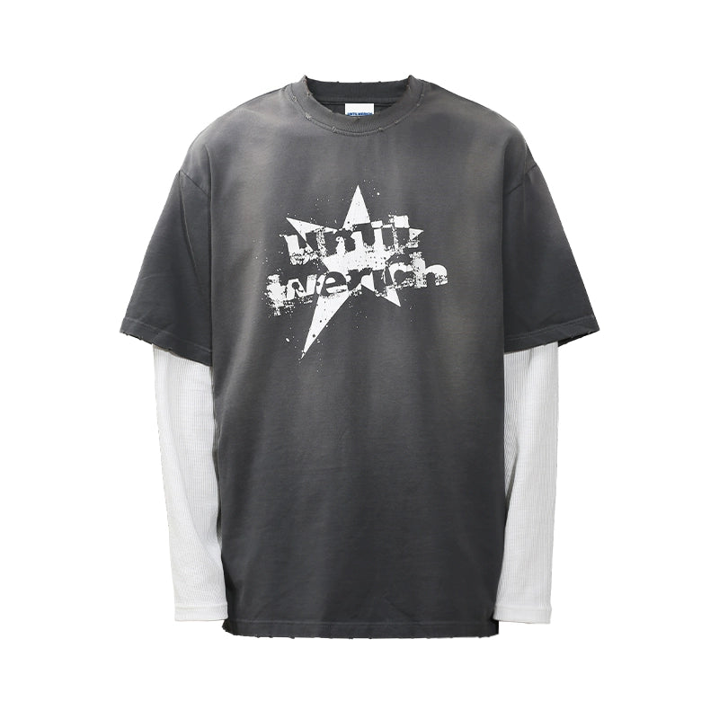 UNTILWERICH Washed Star Burst Print Mock Two-Piece Long Sleeve Tee | Face 3 Face