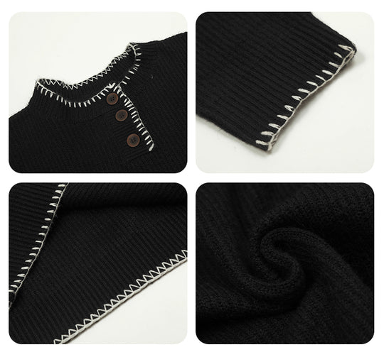 F3F Select White Stitching Henley Neck Knit Sweater | Face 3 Face