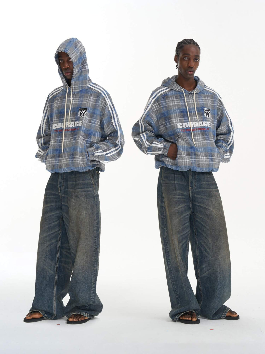 EXITMODE BY BLIND NO PLAN Checkered Embroidered Patch Stripe Sleeve Oversized Hoodie | Face 3 Face