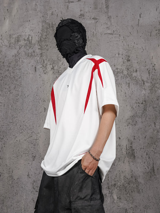 UNDERWATER White and Red Deconstructed Patchwork Embroidered Jersey Tee | Face 3 Face