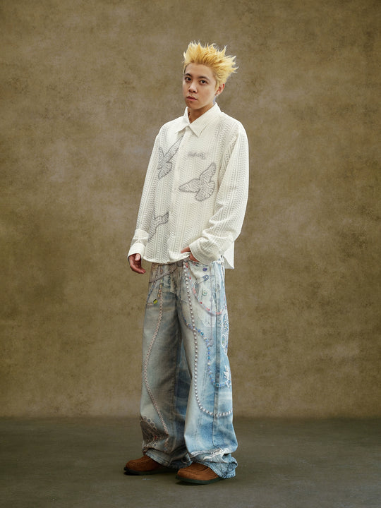 YADcrew Lace Color Bead Chain Photorealistic Print Jeans | Face 3 Face