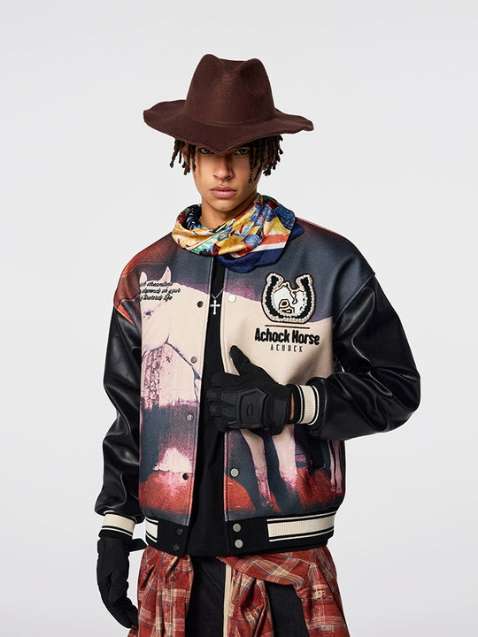 Achock Western Cowboy Full Print PU Leather Varsity Jacket | Face 3 Face