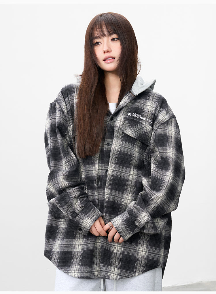 AFGK Plaid Embroidered Hooded Long Sleeve Shirt | Face 3 Face
