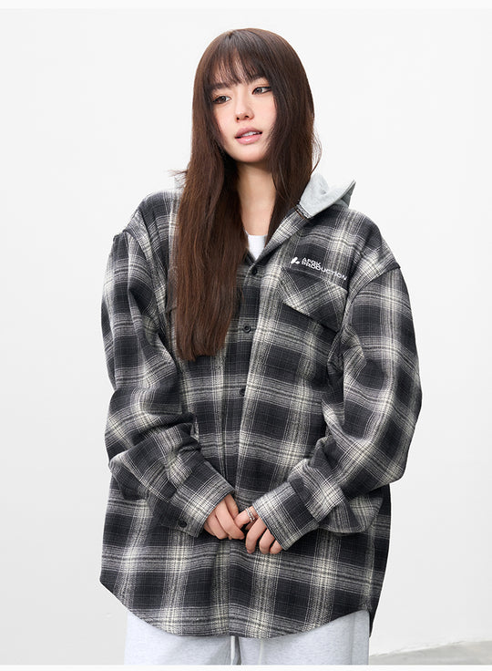 AFGK Plaid Embroidered Hooded Long Sleeve Shirt | Face 3 Face
